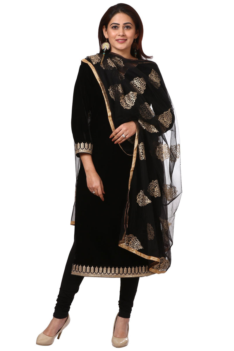 Festive Black Straight Velvet Kurti with Black Leggings and Black Net ...