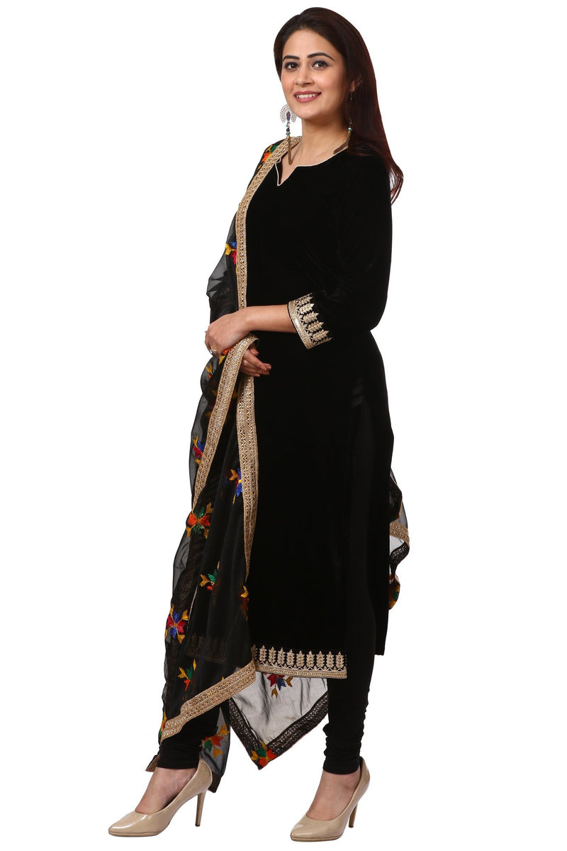 Festive Black Straight Velvet Kurti with Black Leggings and Black Phul ...