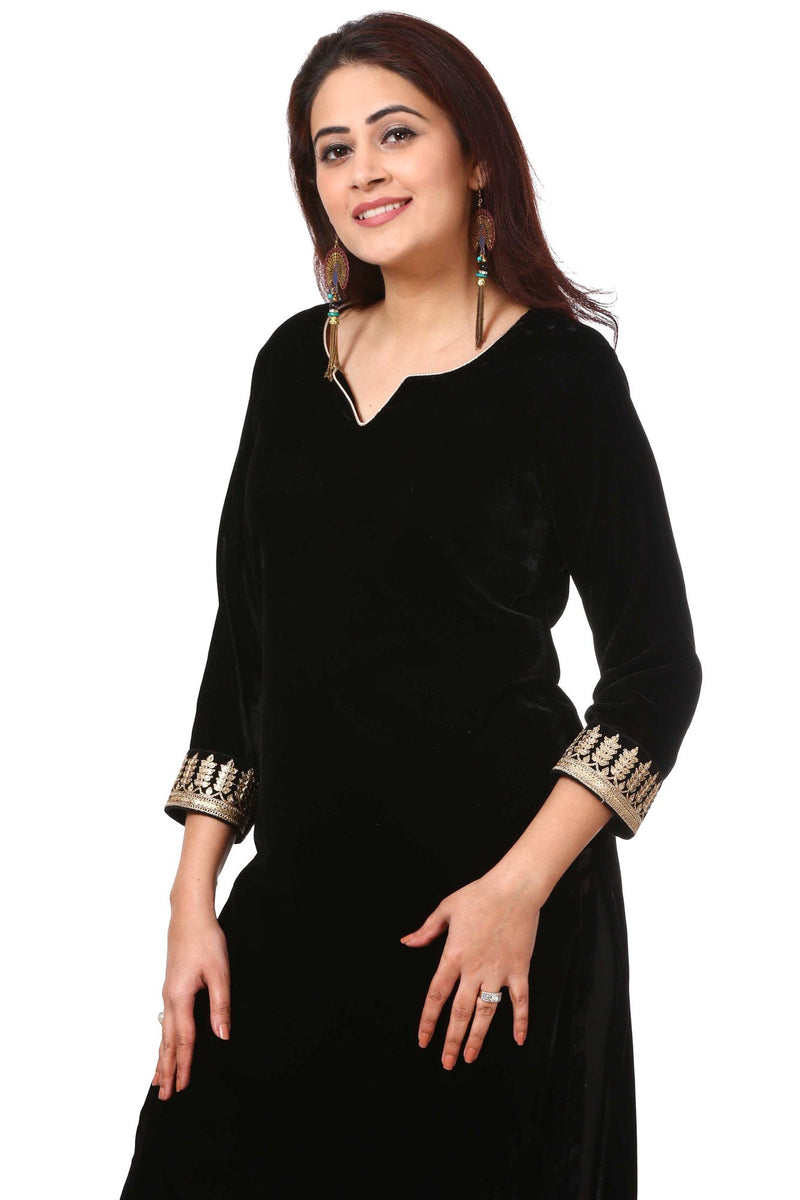 Festive Black Straight Velvet Kurti with Straight Pants – anokherang