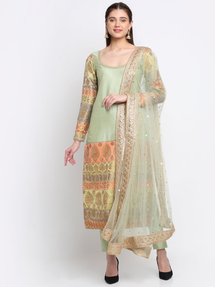 Graceful Green Brocade Kurti with Straight Pants and Net Sequins Dupat ...