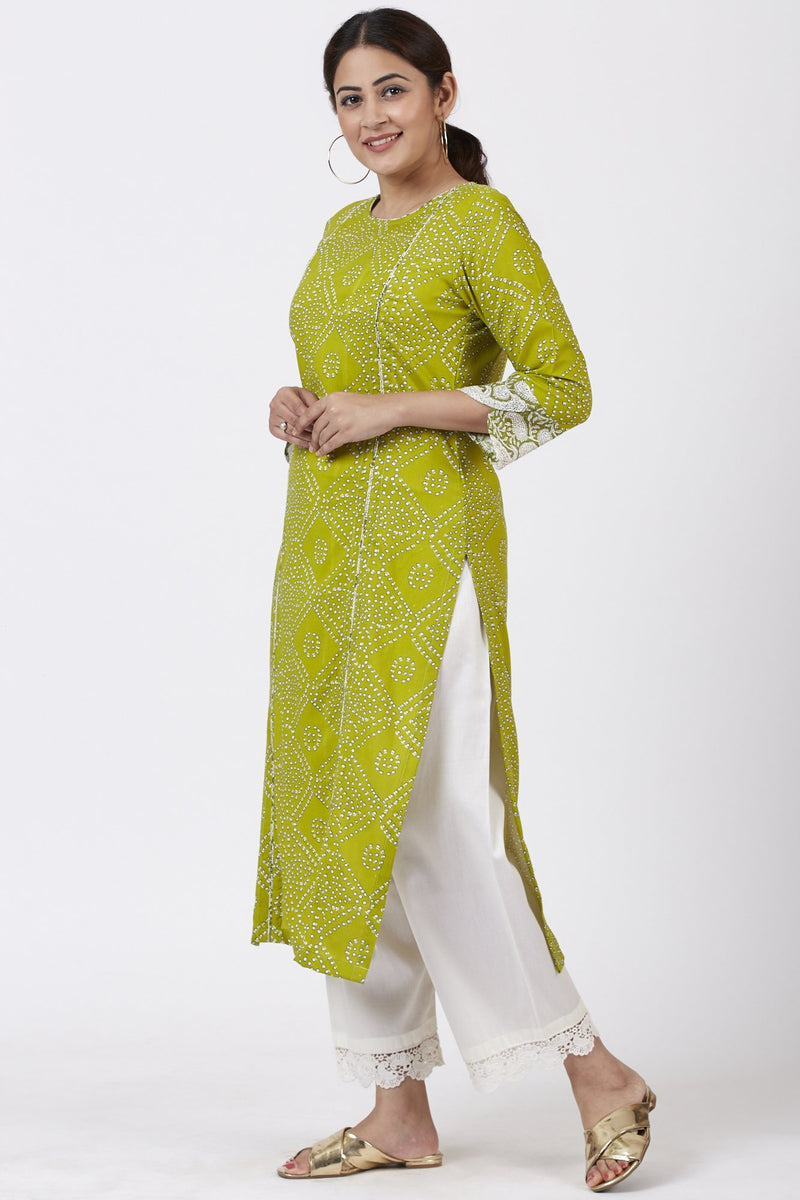 Green Bandhani Kurti with White Crochet Laced Pants – anokherang