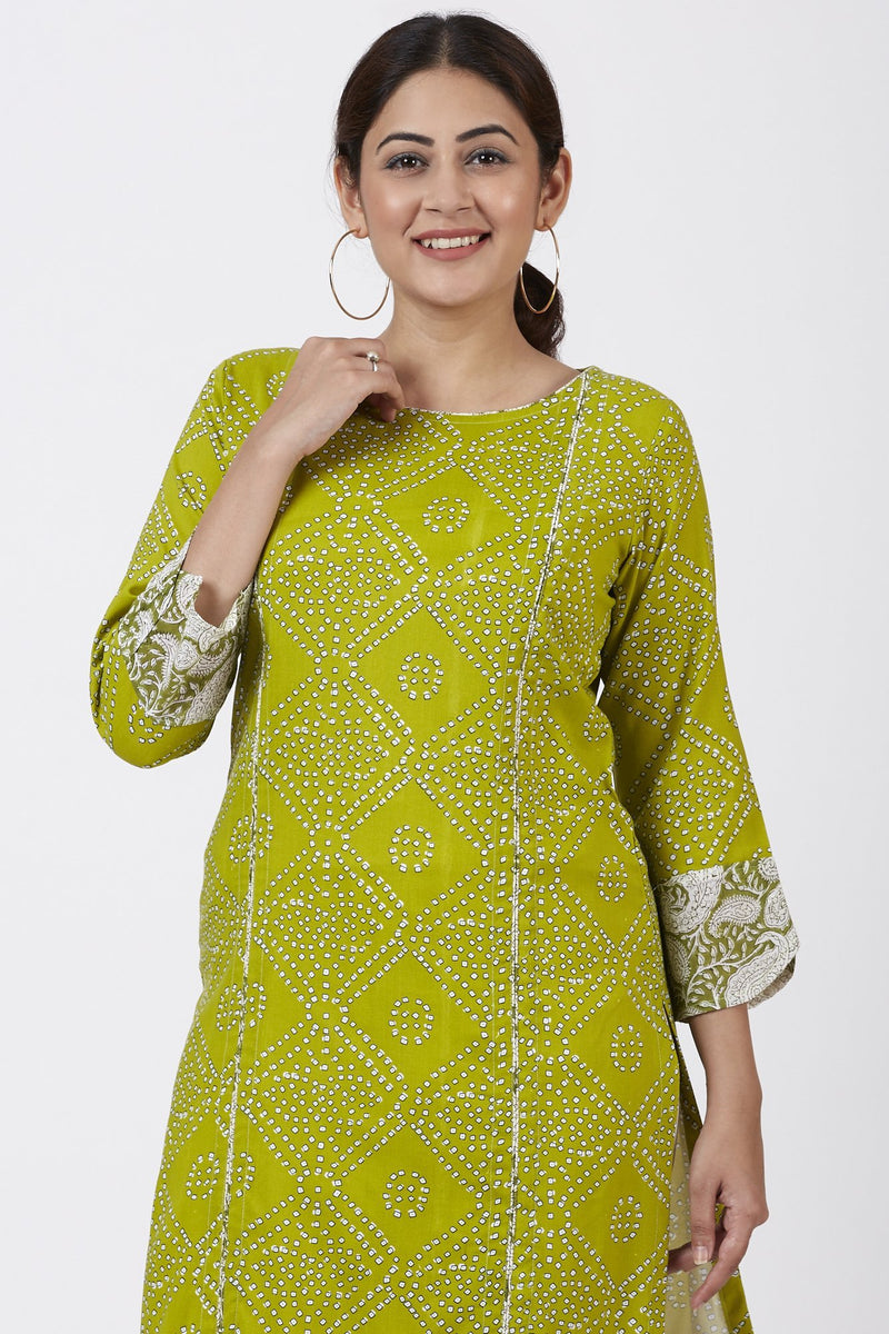 Green Bandhani Kurti with White Crochet Laced Pants – anokherang