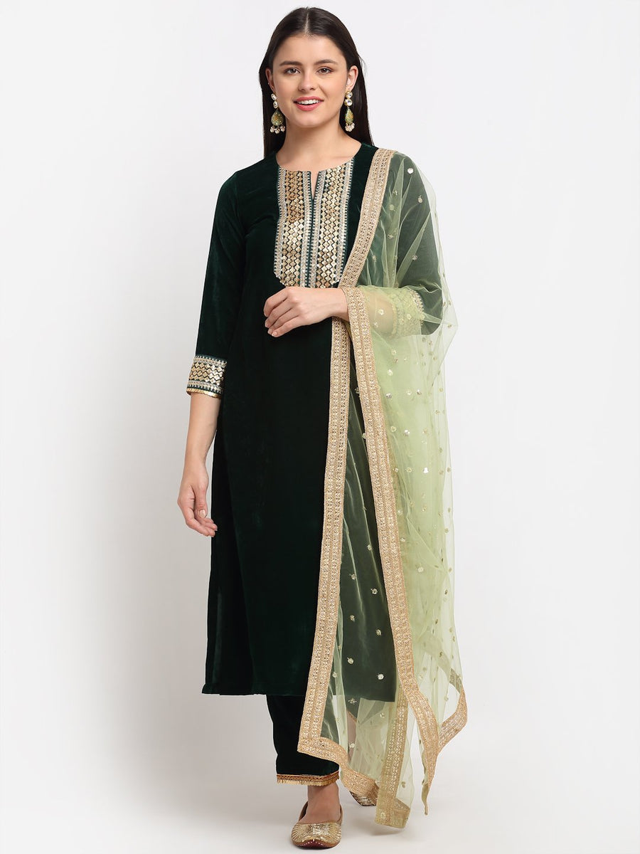 Green Festive Straight Kurti with Straight Pants and Pista Sequence Du ...