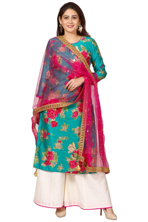 Sea Green Magenta Floral Silk Kurti with Leggings and Hot Carrot Pink  Mirror Dupatta