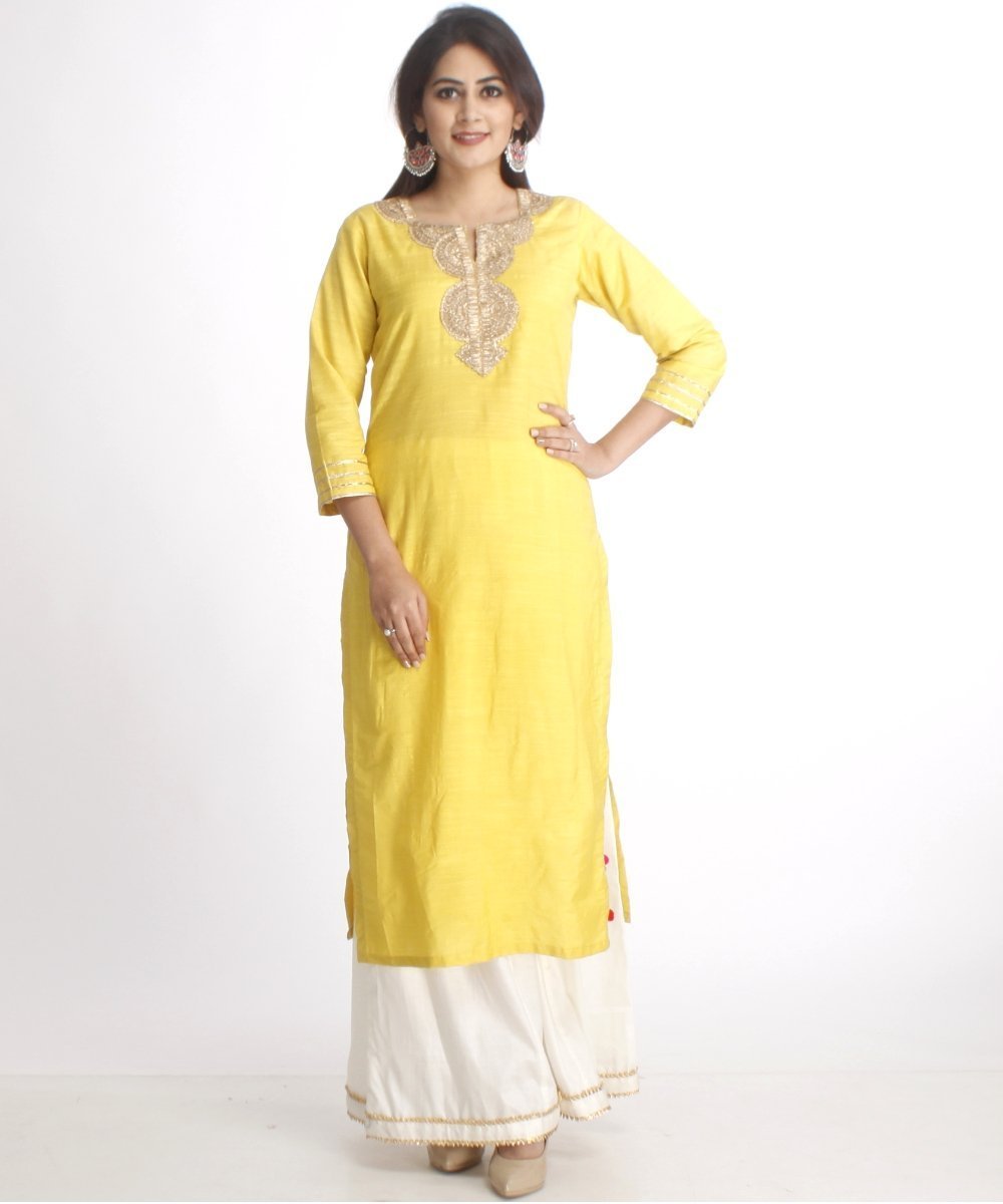 Lime Green Straight Kurti with Off-White Palazzos – anokherang