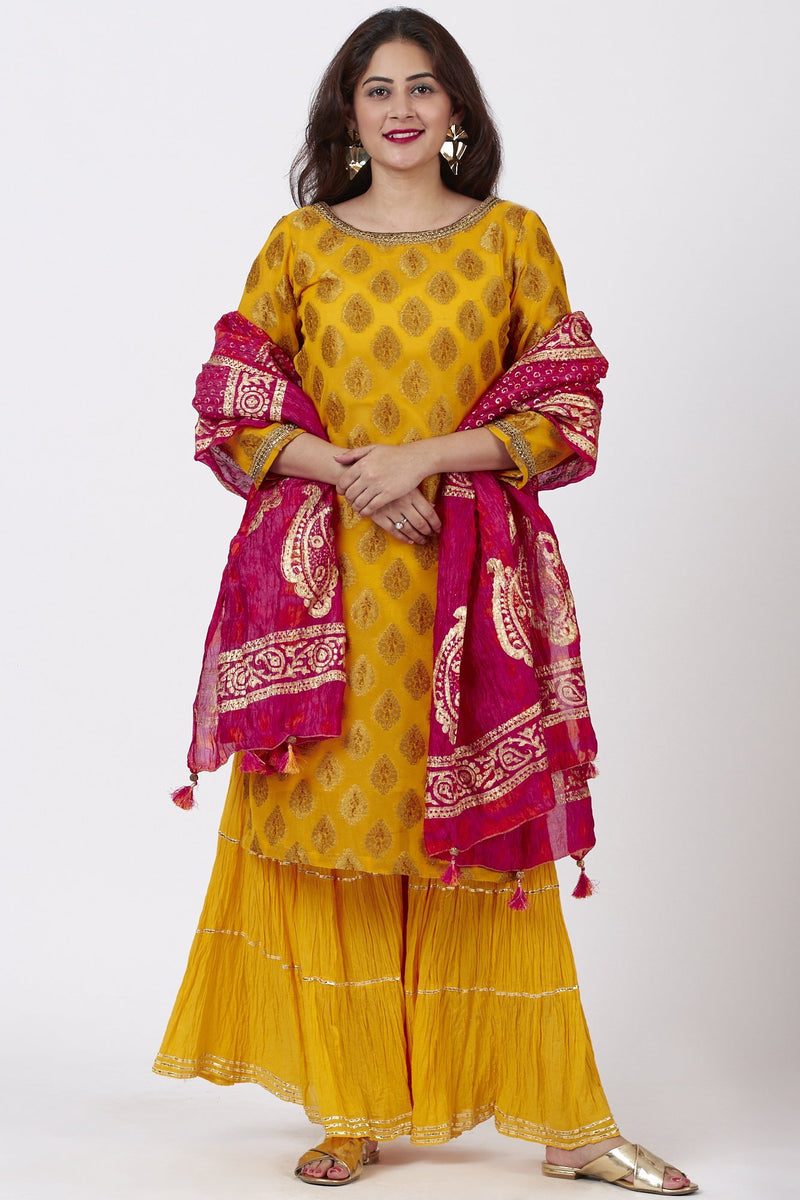 Mangal Mustard Banarsi Kurti With Crushed Sharara and Tie-Dye Foil Dup ...