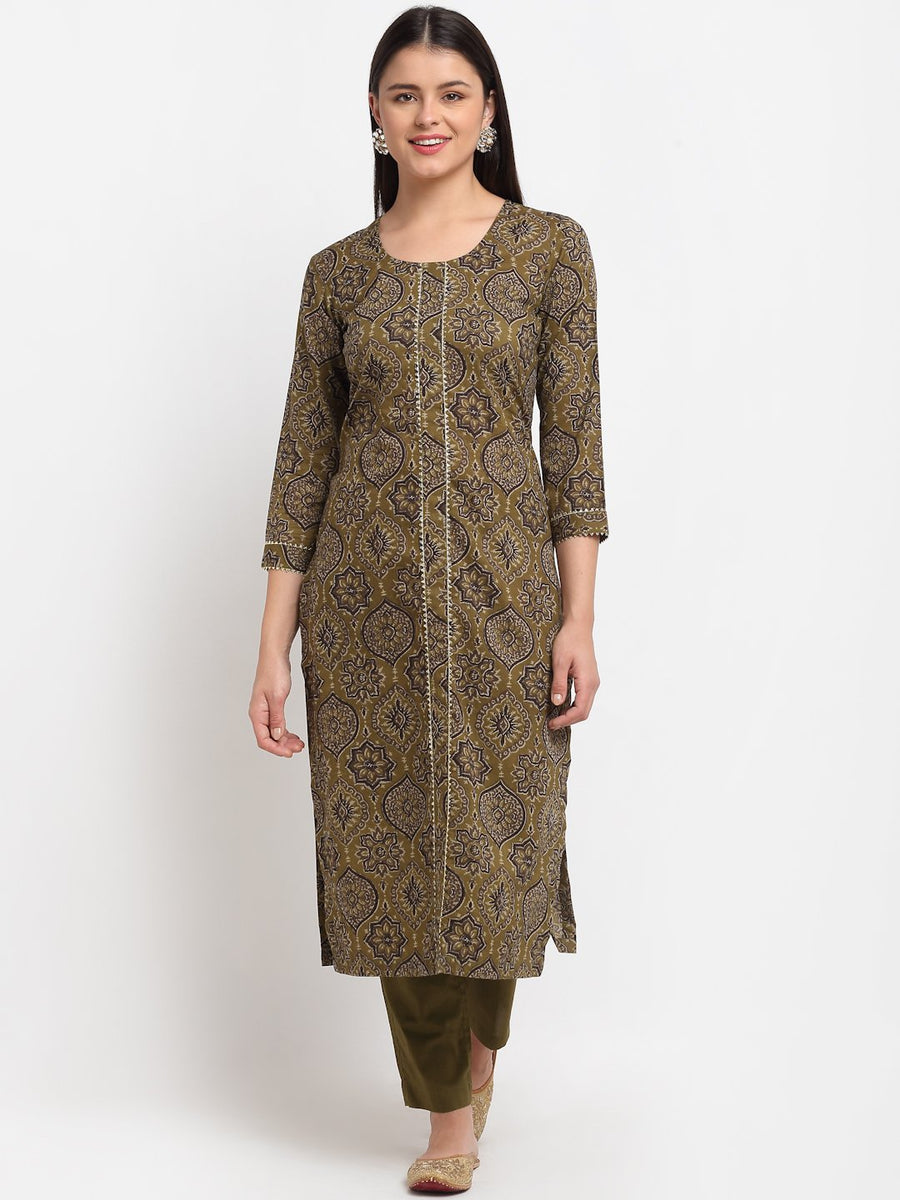 Mehendi Mughal Printed Gota Kurti with Straight Pants – anokherang