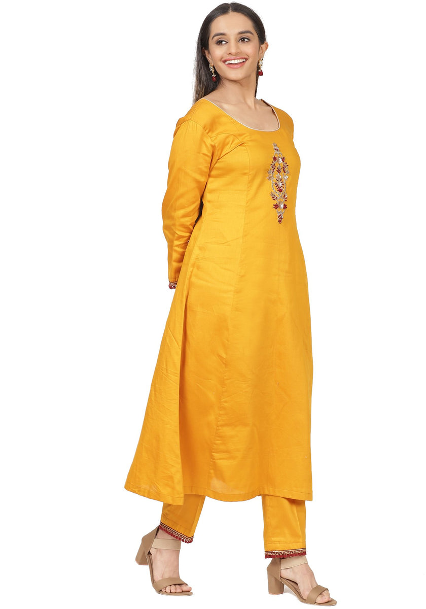 Mustard Floral Embroidered A-Line Kurti with Straight Pants – anokherang