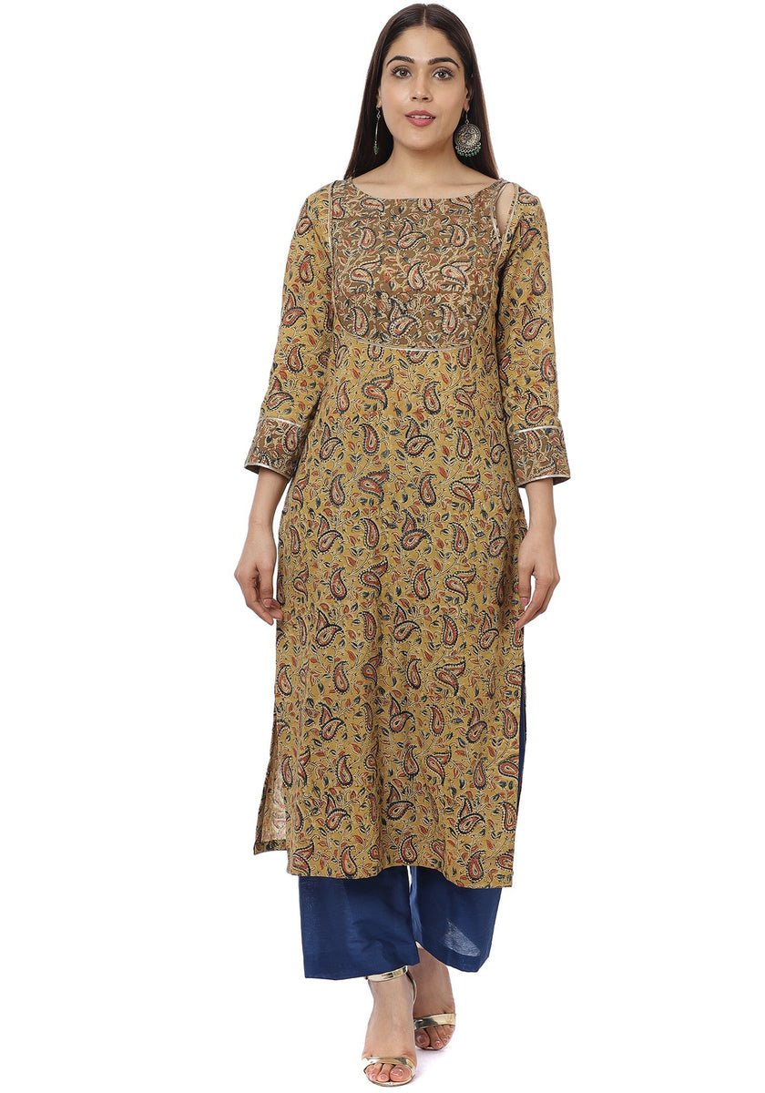 Mustard Kalamkari Shades Yoke Kurti with Straight Pants – anokherang