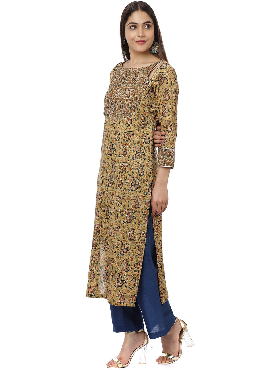 Mustard Kalamkari Shades Yoke Kurti with Straight Pants – anokherang