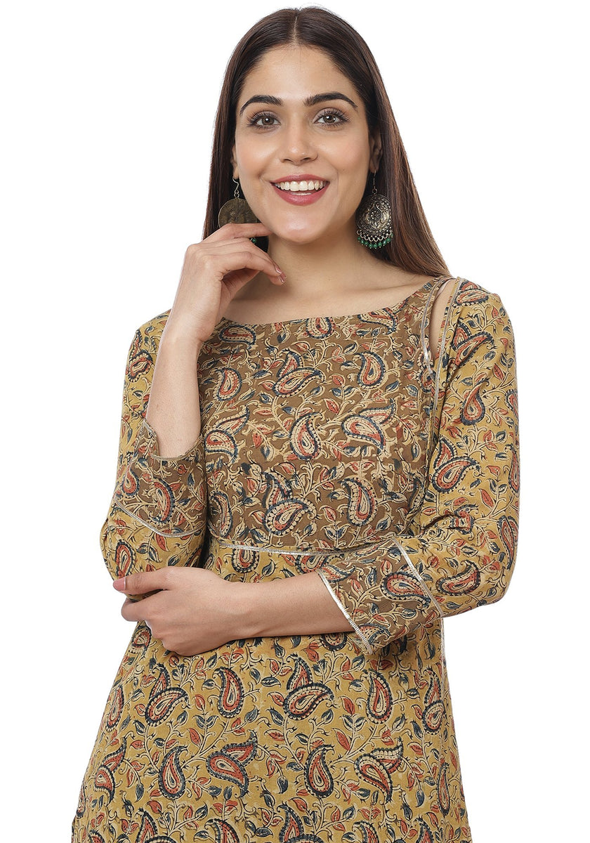 Mustard Kalamkari Shades Yoke Kurti with Straight Pants – anokherang