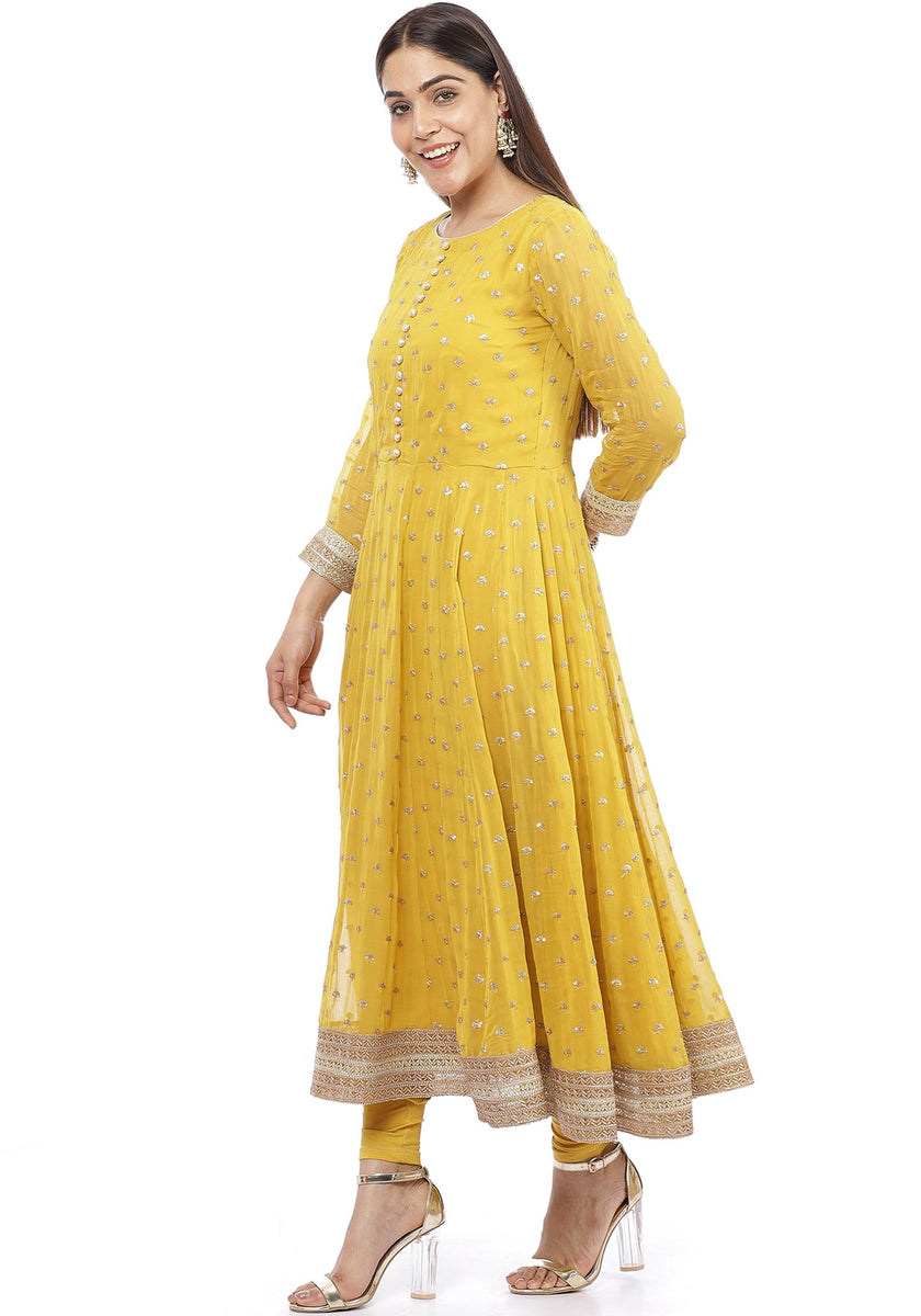 Mustard Yellow Sequence Anarkali with Churidaar – anokherang