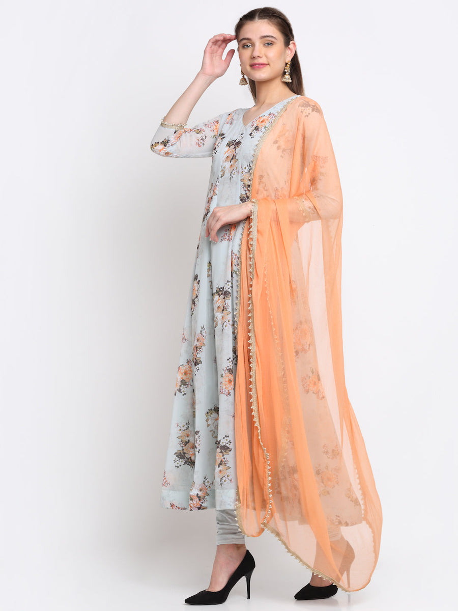 Mystical Peach Floral Anarkali with Churidaar and Chiffon Dupatta ...