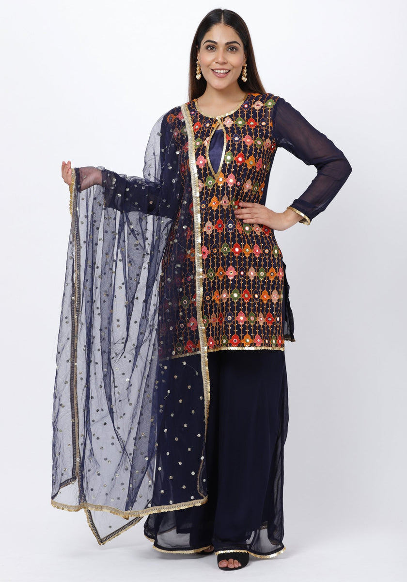 Navy Blue Embroidered Short Kurti and Kalidaar Palazzo and Sequenced D ...