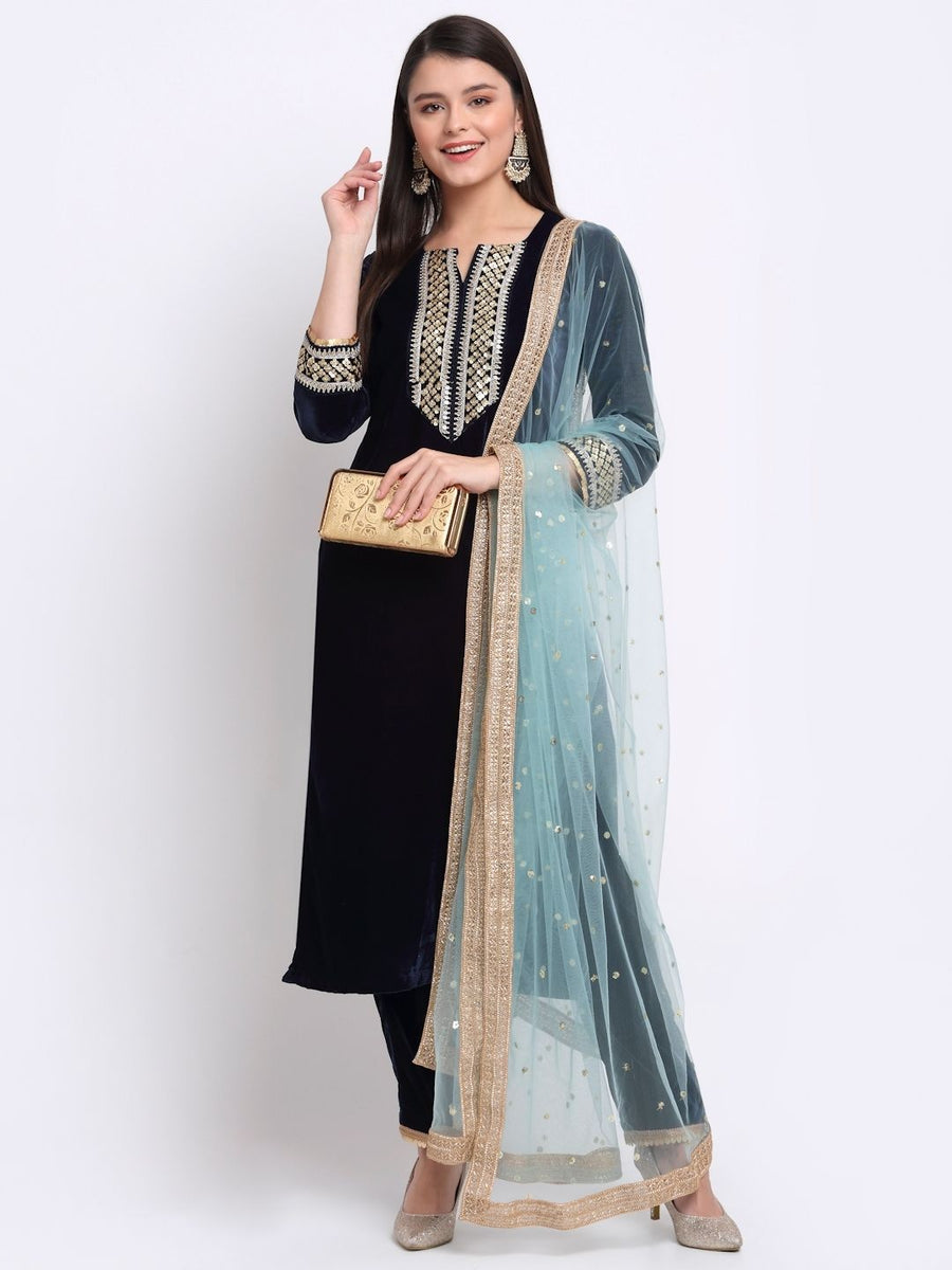 Navy Blue Festive Velvet Straight Kurti With Pants and Sequin Dupatta ...