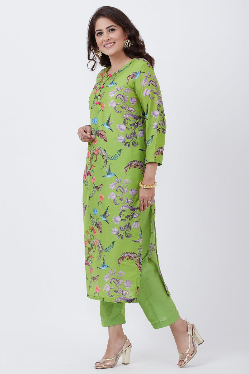 Neon Green Printed Straight Kurti with Pants – anokherang