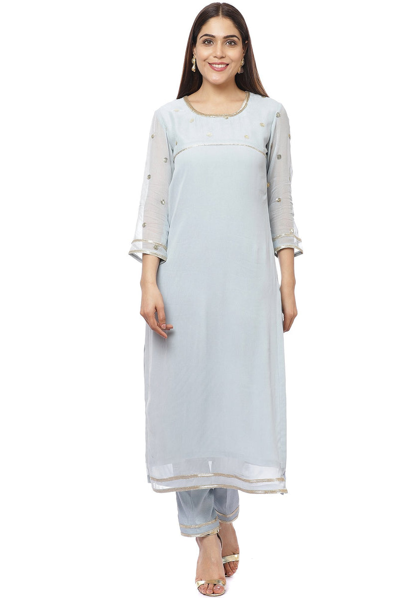 Ocean Grey Sequenced Sleeves Straight Kurti with Straight Pants ...