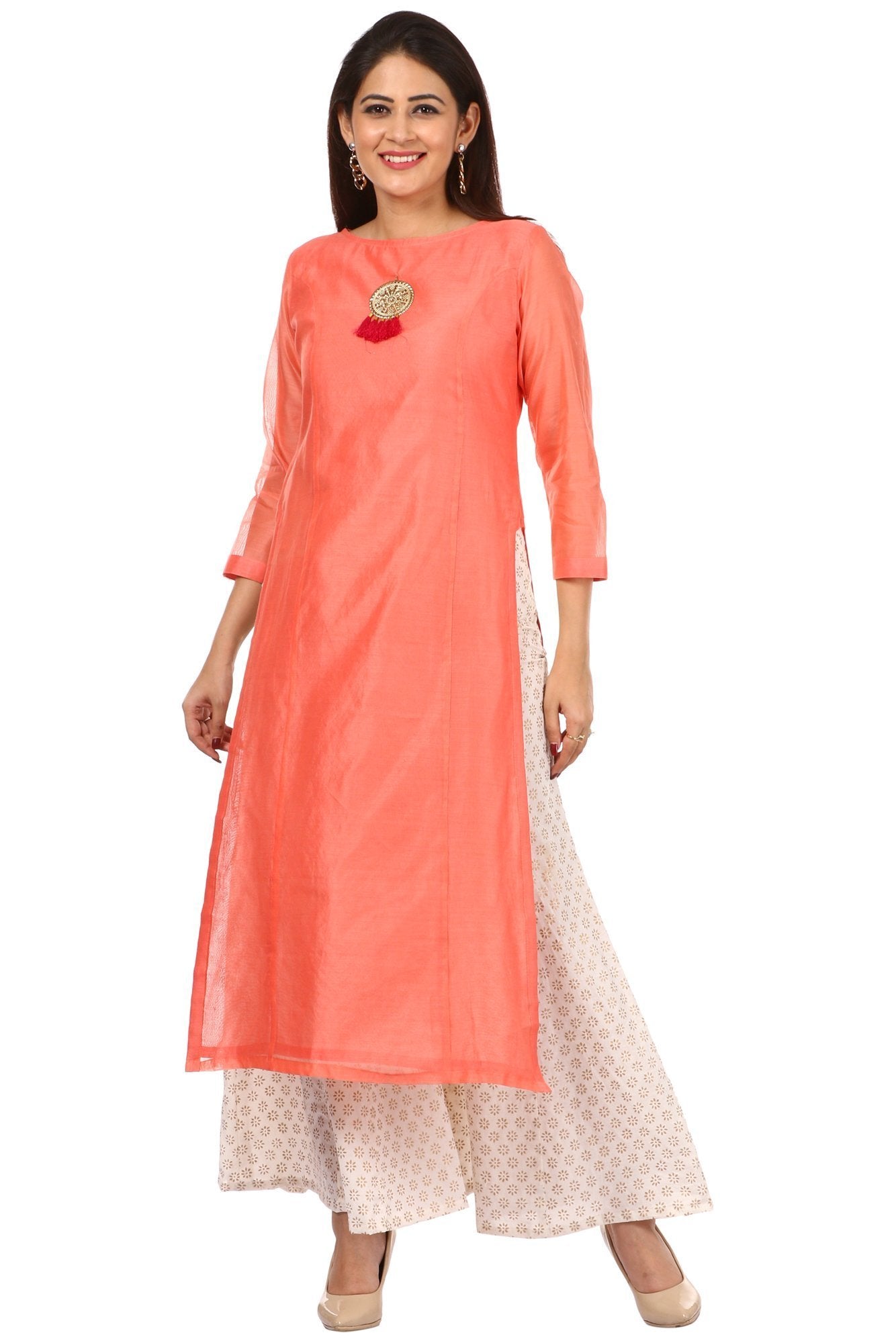 Coral Embroidered Chanderi Kurti with Off-White Gotta Palazzo and Peachy  Orange Leheriya Dupatta | Indian wear online usa – Ria Fashions