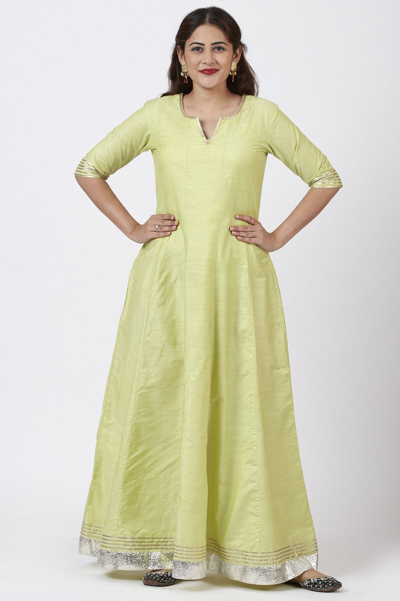 Pista Green Gotta Floor Length Silk Kurti Dress – anokherang