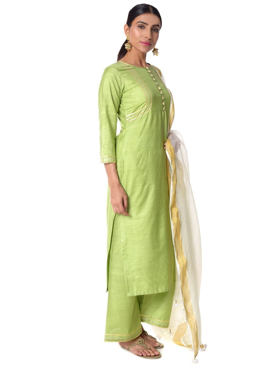 Pista Green Silk Gota Lines Kurti with Straight Palazzos and Off-White ...