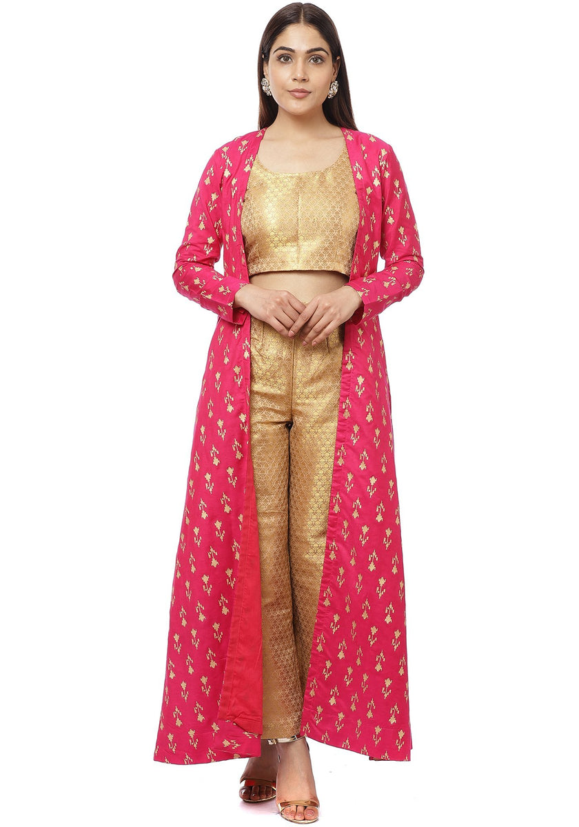 Pixie Pink Jacket Style Kurti with Gold Brocade Blouse and Palazzo ...