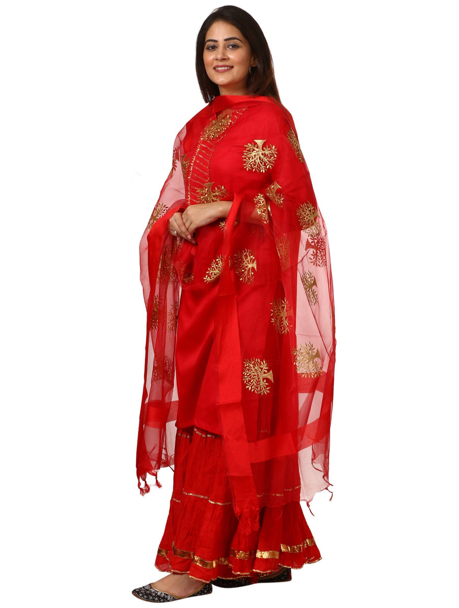 Red Shine Kurti with Gathered Sharara and Embroidered Dupatta – anokherang