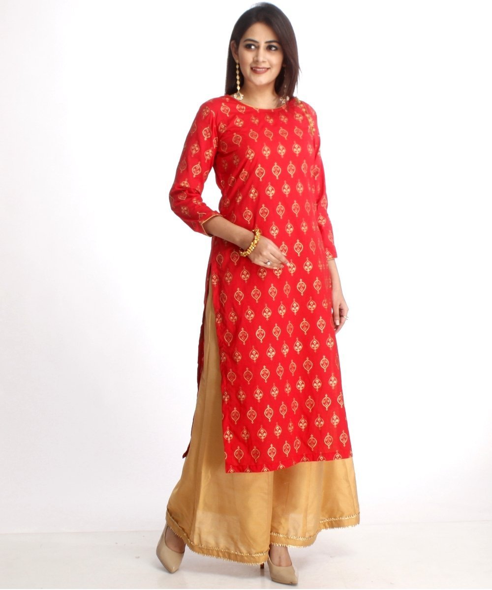 Red Straight Kurti with Gold Kalidaar Palazzos – anokherang