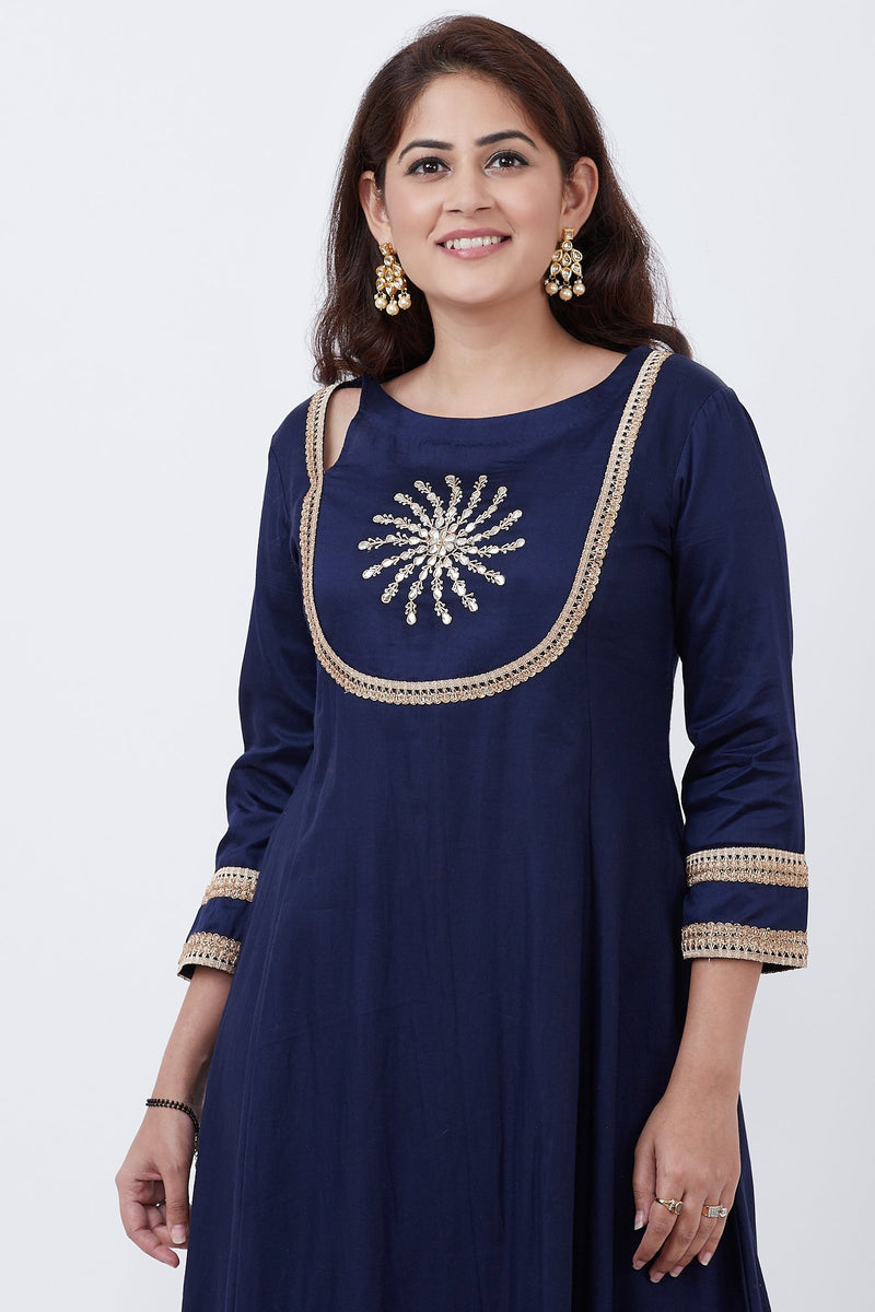 Royal Blue Embroidered Yoke Floor Length Kurti – anokherang