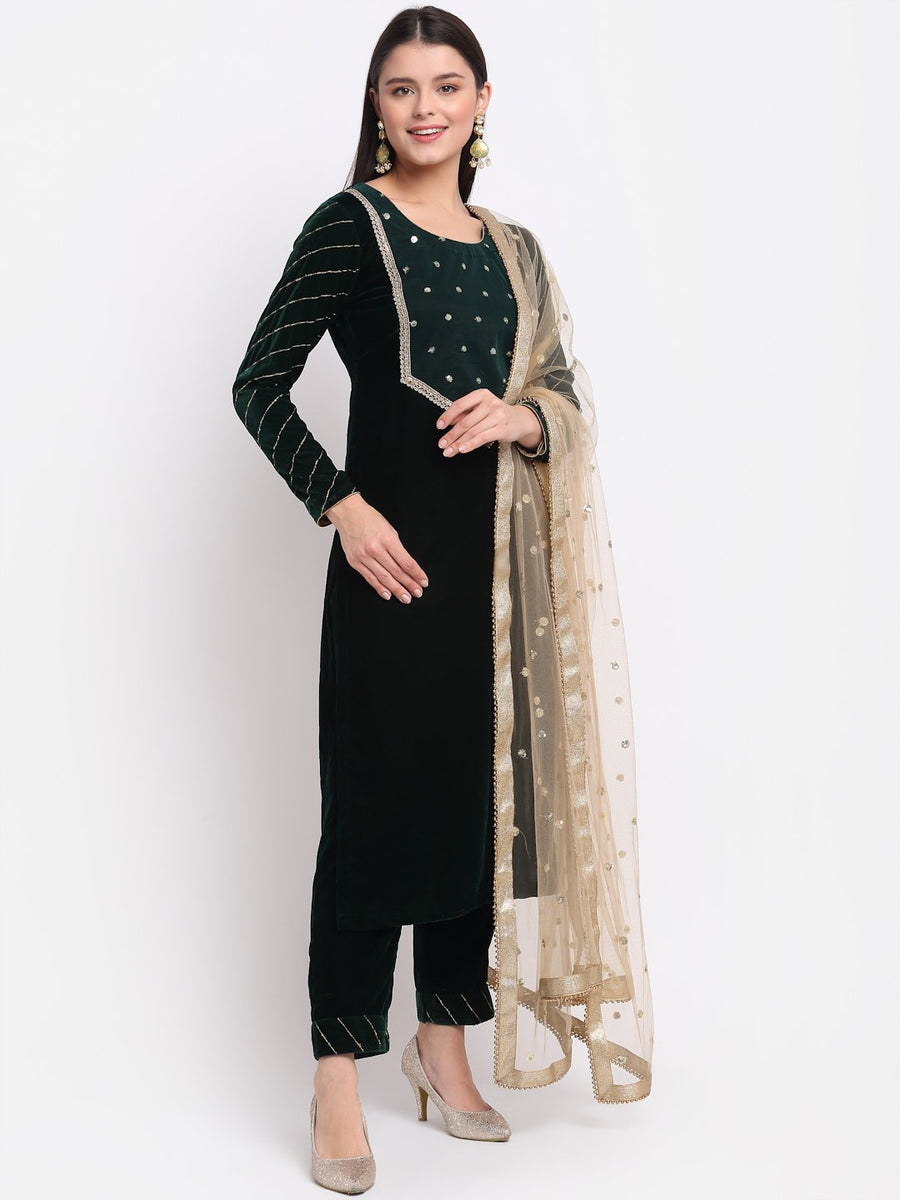 Smiling Green Zari Sequin Velvet Straight Kurti with Pants and Sequin ...