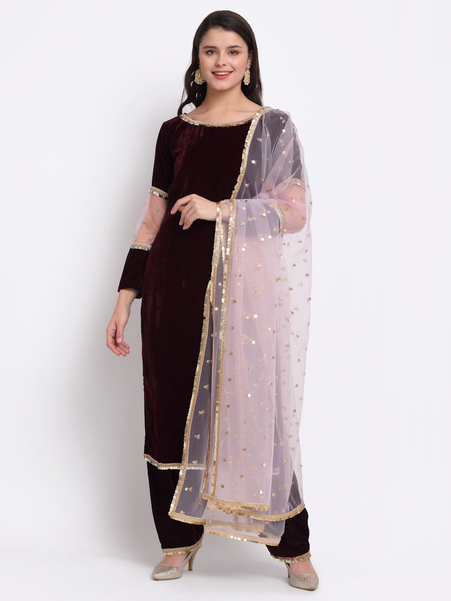 Wine Sequenced Sleeves Velvet Kurti With Salwar And Blush Pink Dupatta Anokherang