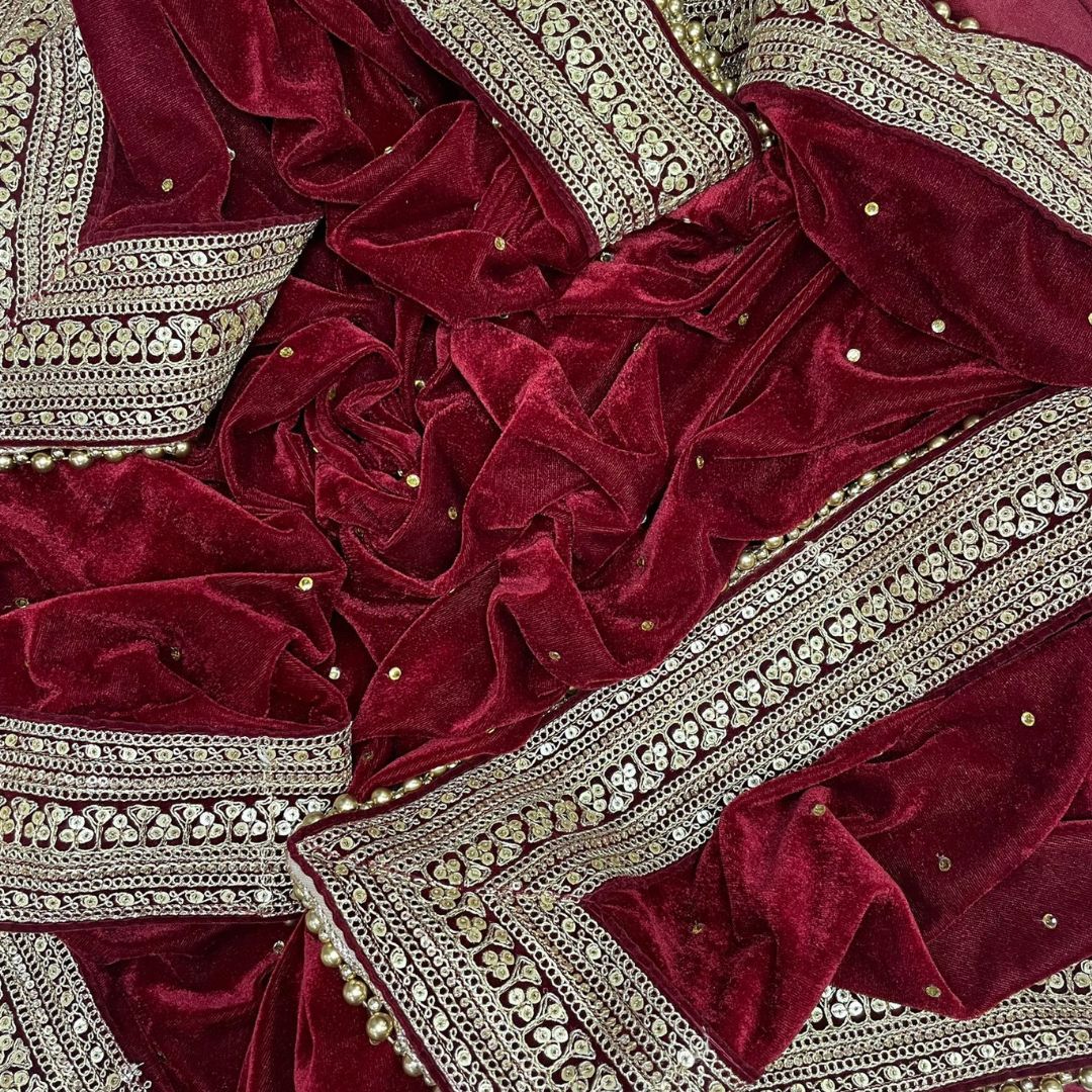 Bridal Maharani Maroon Stone Zari Embroidered Velvet Dupatta – anokherang