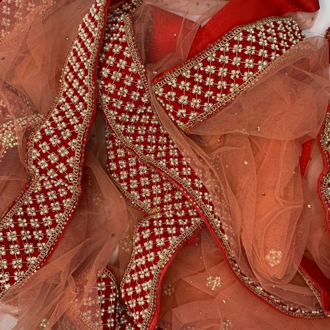 Bridal Peach Red Pearl Embroidered Net Dupatta – anokherang