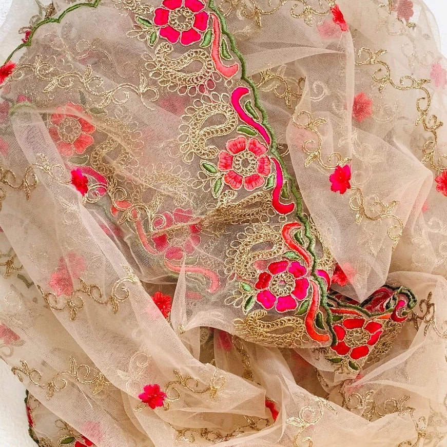 Rose Pink Colorful Floral Embroidered Net Dupatta – anokherang