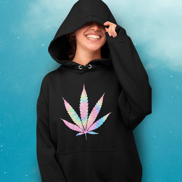 woman wearing a pastel Tie-Dye Weed Leaf on a black stoner hoodie