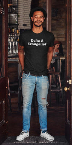 man wearing black shirt with text Delta 8 Evangelist