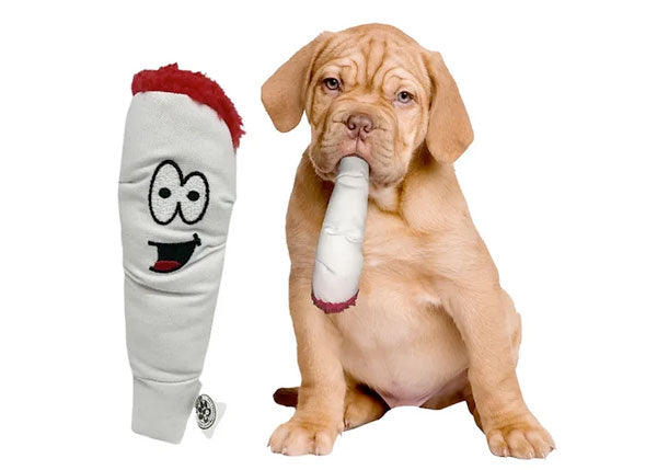 Dog with a cannabis joint pet toy
