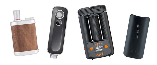 Examples of common dry herb vaporizers featuring the Tinymight2, Firefly 2+, Mighty+ and Davinci IQ2