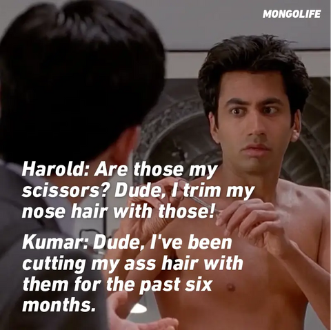 Harold: Are those my scissors? Dude, I trim my nose hair with those! Kumar: Dude, I've been cutting my ass hair with them for the past six months.