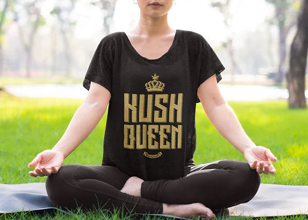 woman in yoga position with weed shirt