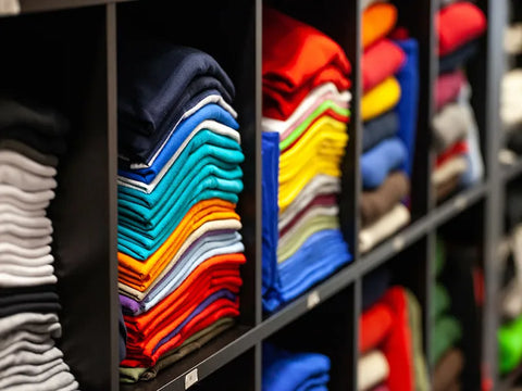 T-shirts of various mixed colors on shelves
