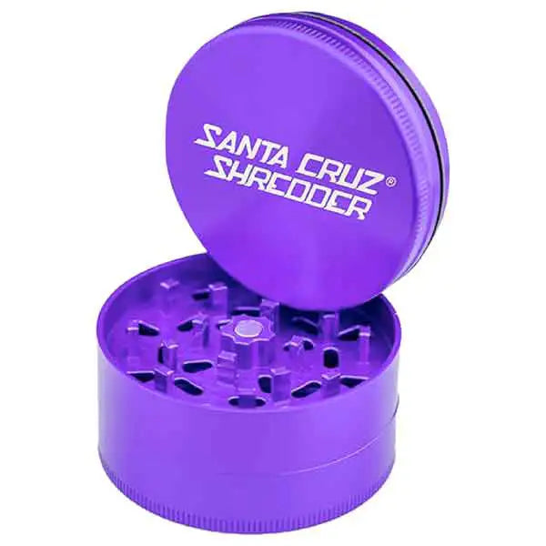 Large purple 3-piece herb grinder with sharp aluminum teeth and spacious chamber