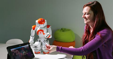 High-Tech AI robot Lawrence from Qorava, designed for lifelike interaction and advanced communication capabilities.