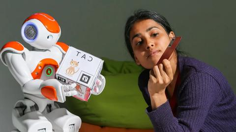 High-Tech AI Robot Lawrence from Qorava, designed for lifelike interactions and advanced communication features.