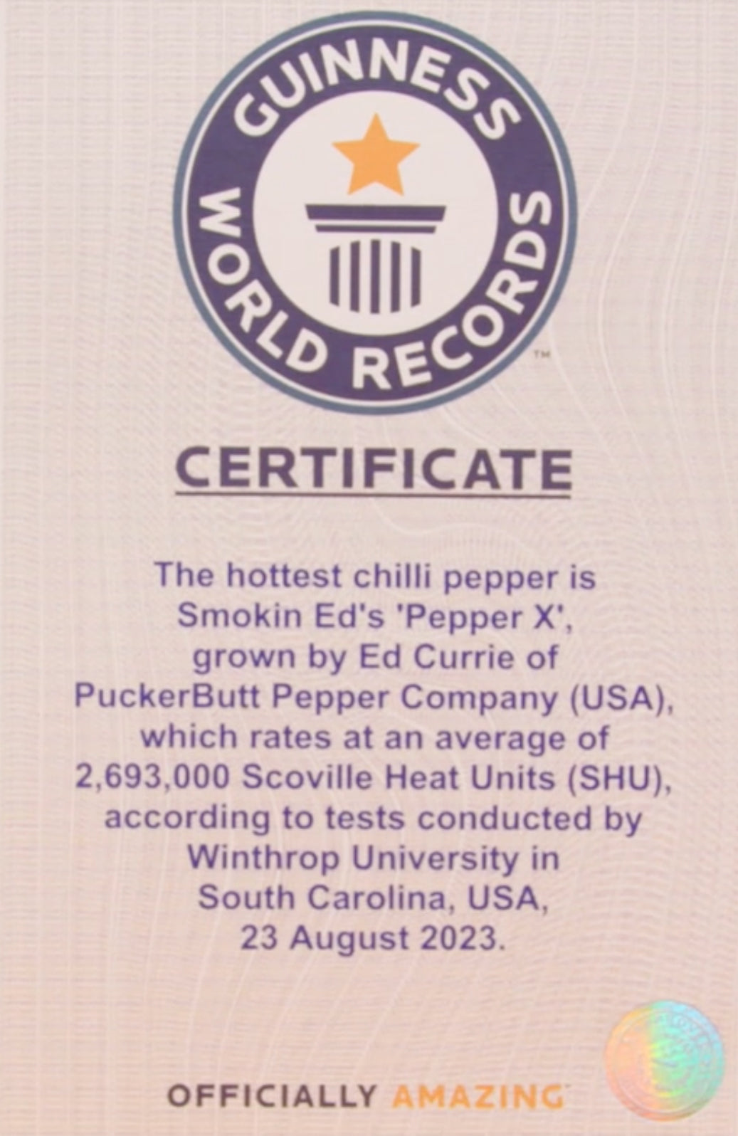 2023 Guinness World Records Hottest Pepper X Winner Certificate