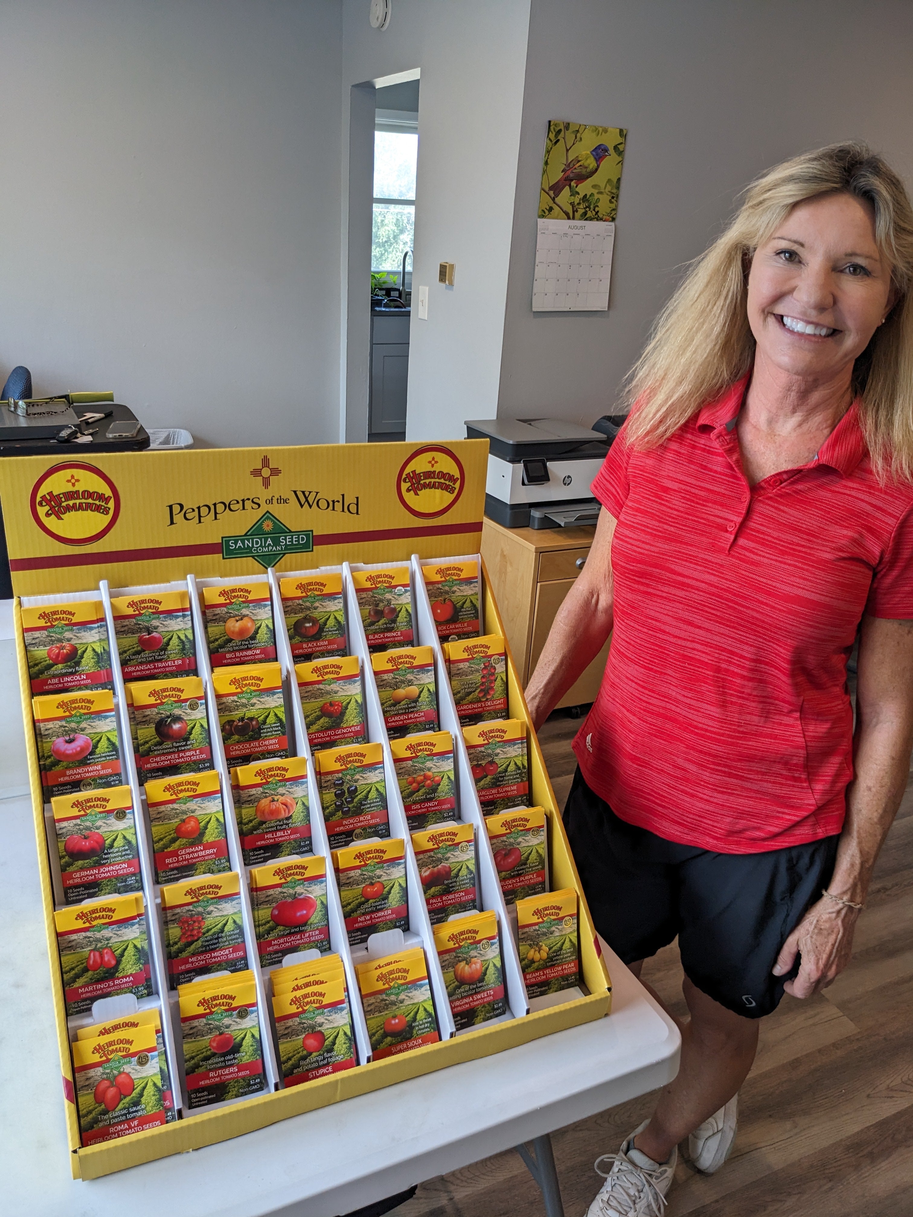 Best Wholesale Seed Companies - Owner Patsy with our Wholesale Tomato Seed Display