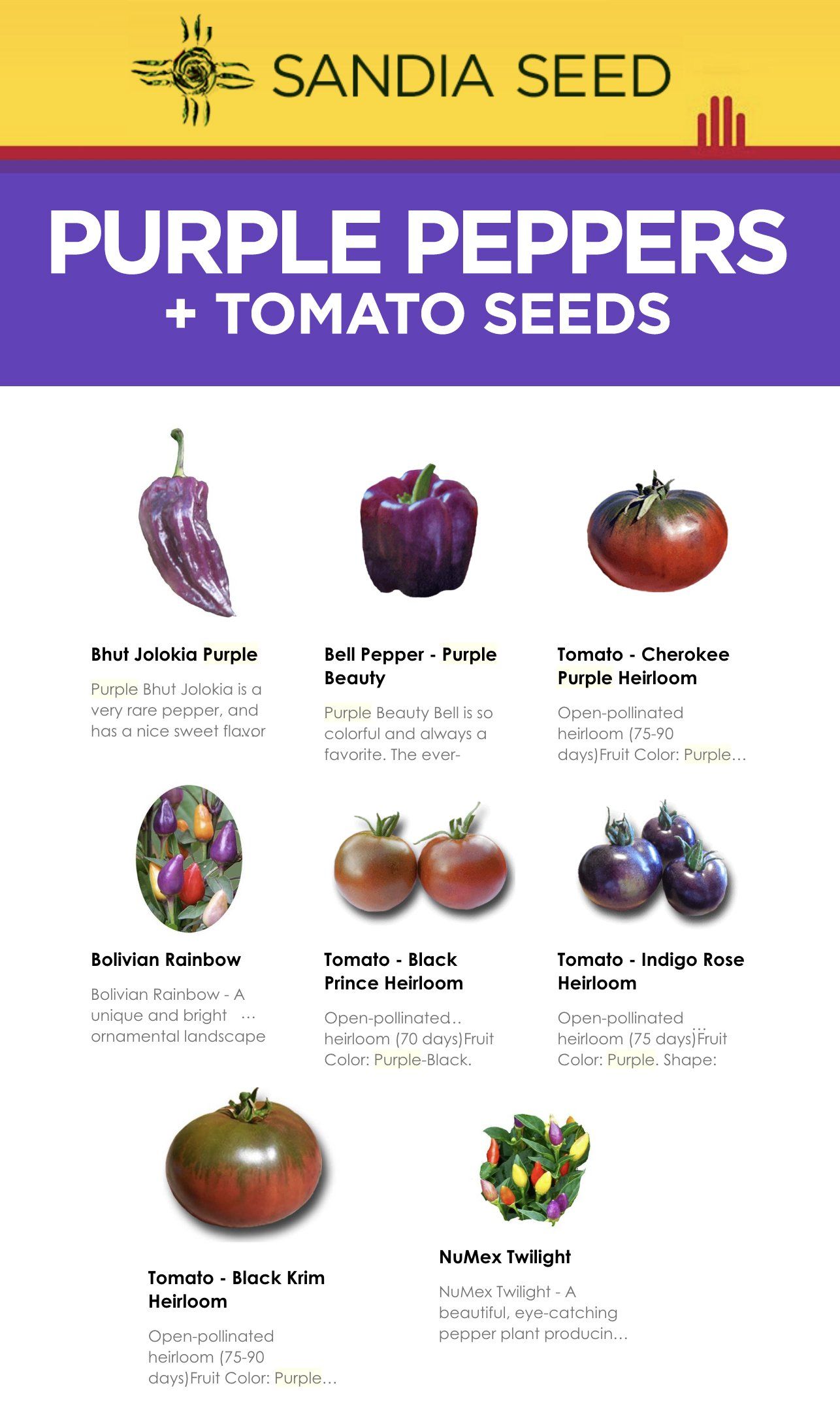 Purple Bell Peppers - Seeds for Purple peppers and Heirloom Tomatoes