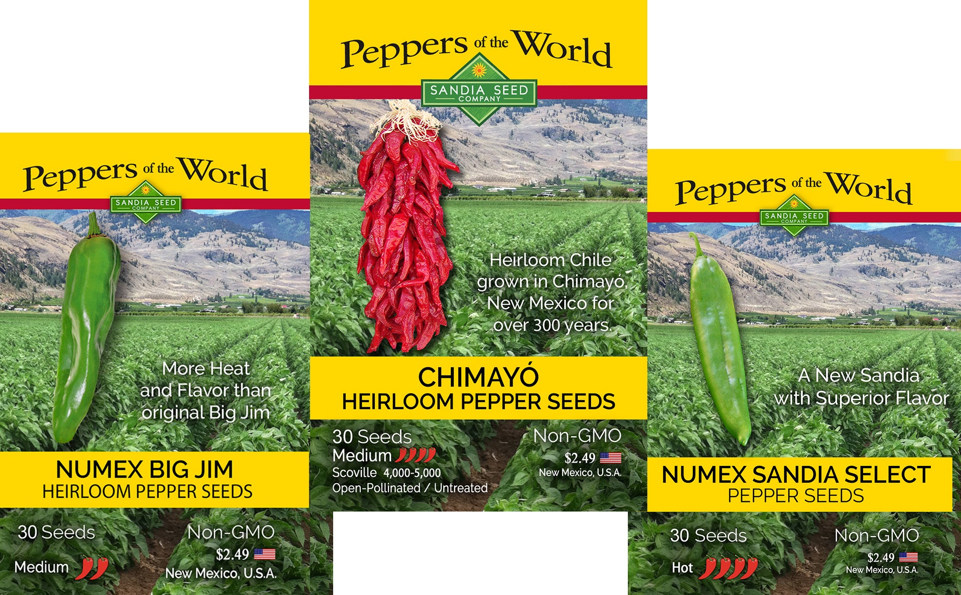 Seed Discounts - 3 PACK - BIG JIM, CHIMAYO & SANDIA - GREEN CHILE SEEDS