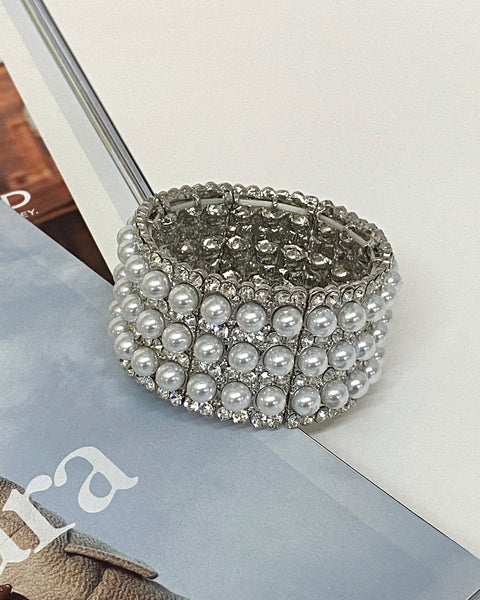 Emery Pearl & Rhinestone Bracelet Cuff - Silver
