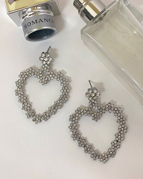 Flower Heart Rhinestone Earrings - Silver