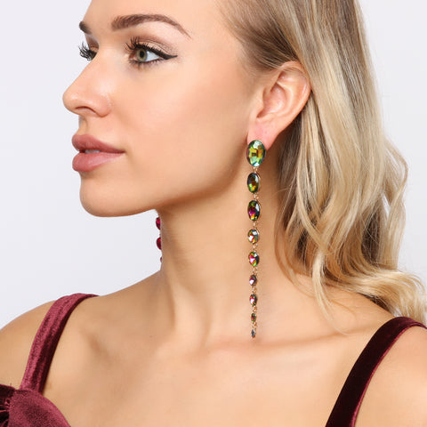 Genesis Oval Drop Rhinestone Post Earrings - Rainbow